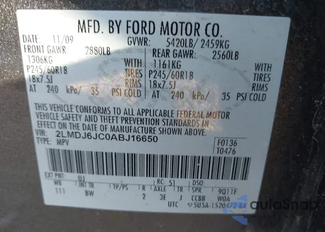 2010 Lincoln Mkx из США, поврежденный, VIN 2LMDJ6JC0ABJ16650